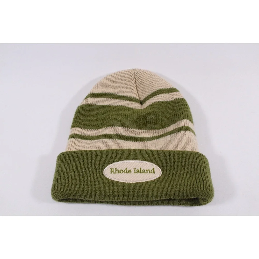 Rhode Island Embroidered Tan/Green Stripe Beanie Unisex 100% Acrylic One Size‎